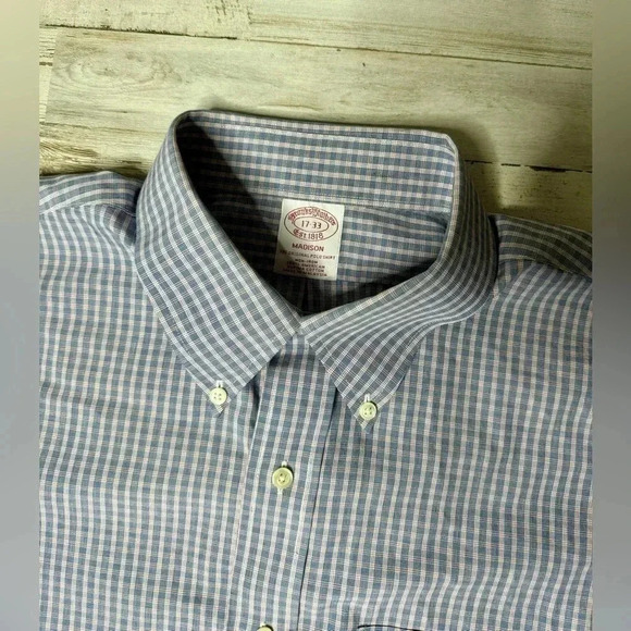 Brooks Brothers Blue Vertical Checked Shirt Mens 17-33 Button Up Long Sleeve - Picture 4 of 13